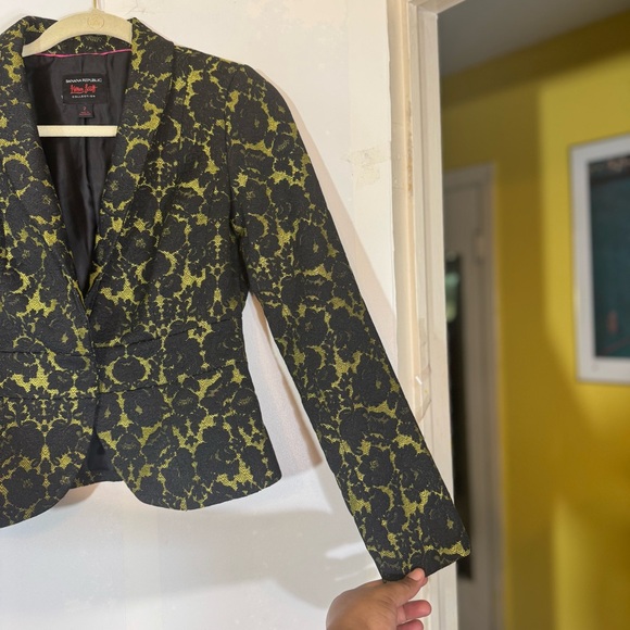 Banana Republic L’Wren Scott Black & Bright Celery Glam Brocade Blazer Jacket - Picture 12 of 16
